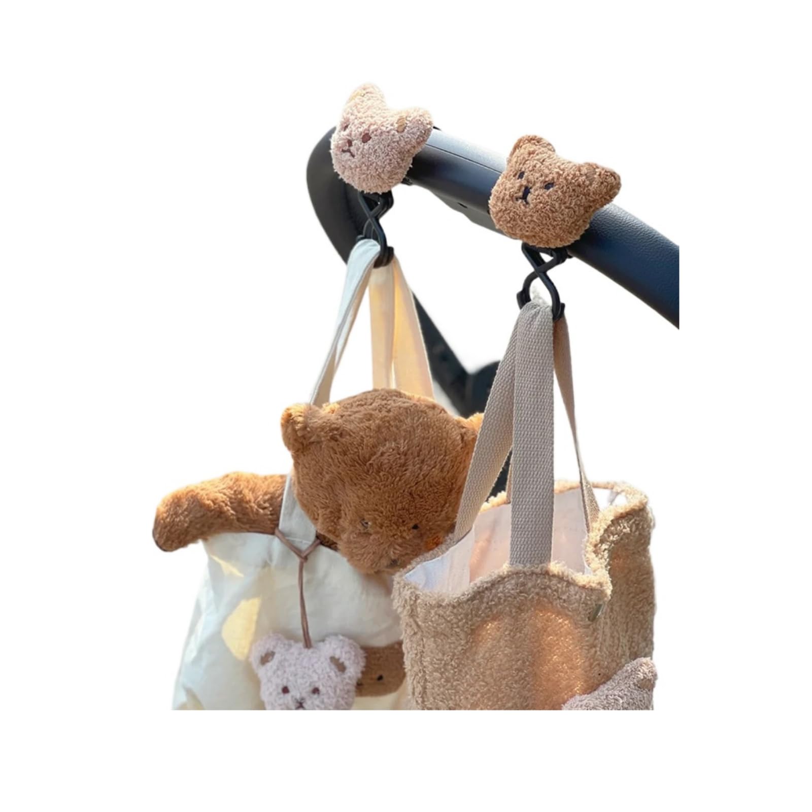 Baby Stroller Hooks Bear Cartoon for Hanging Diaper Bags Mommy Stroller Clip and Stroller Accessories Organizer Hook - Large Carabiner Clips (Brown+