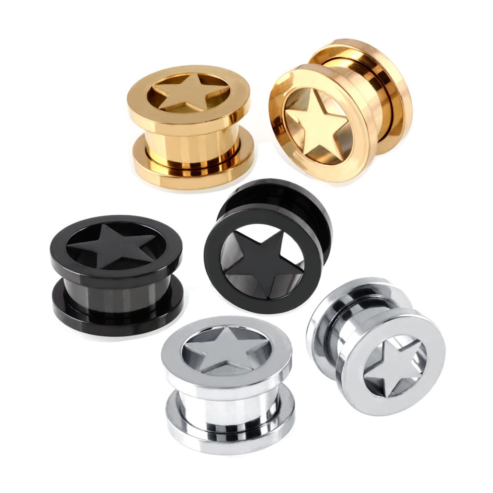 Chirurgenstahl-Messgeräte für Ohren, Tunnel und Plugs, 6-teiliges Set, Körperpiercing-Schmuck für Ohren mit Sternform