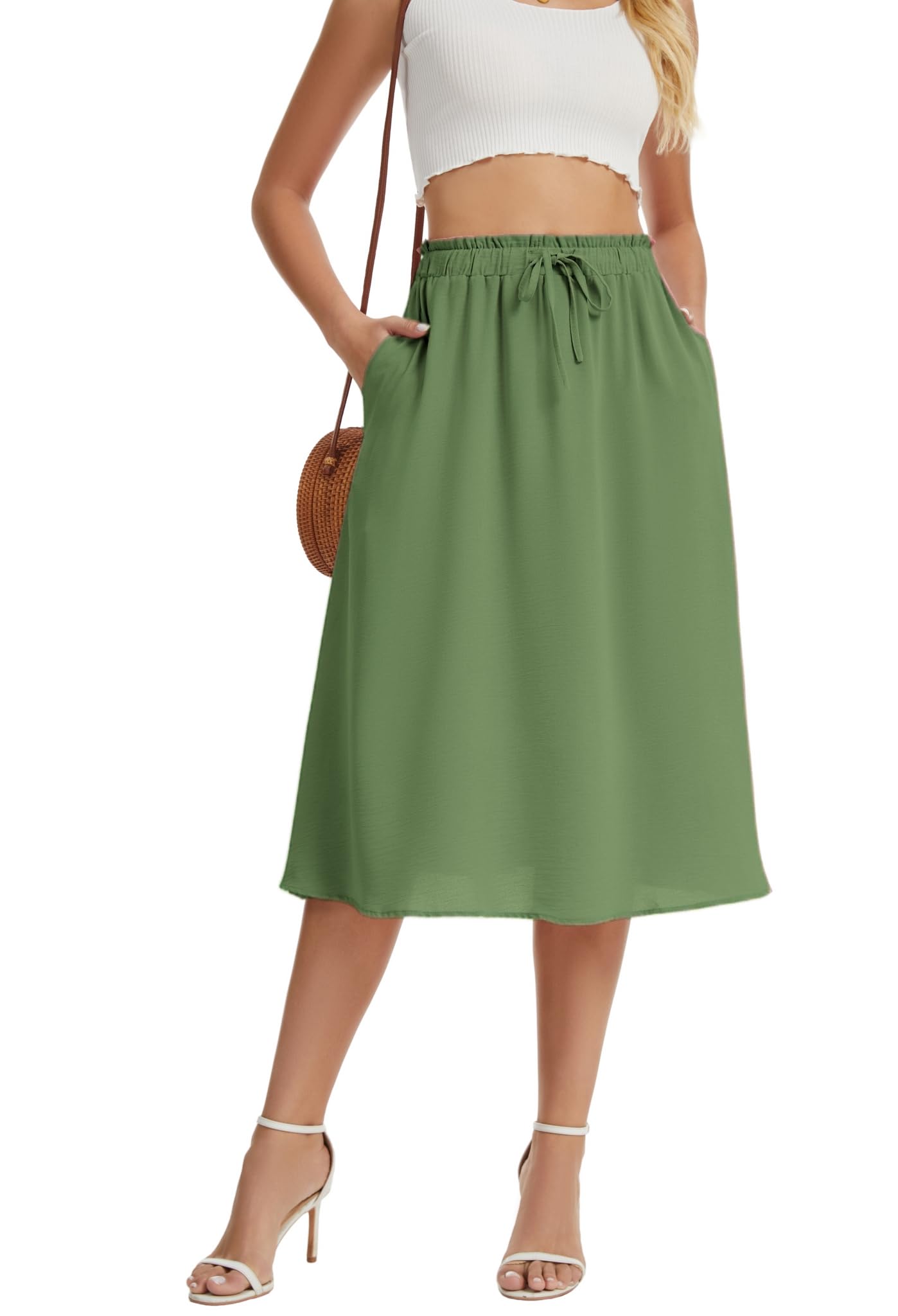 WUWUSKY Damen Rock Sommer Midi Langer Swing-Röcke Hohe Taille Skirt A-Linie Midiskirt Elegant Röcke mit Taschen mit Taschen