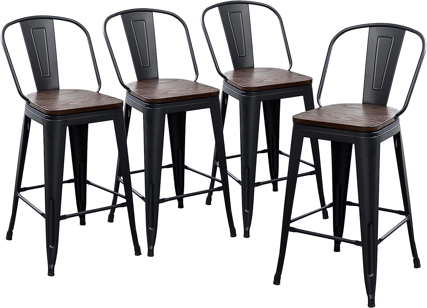Bar Stools Bar Height Stools 30 inch Tall Kitchen Island Bar Chairs Metal High Back Barstools with Wooden Seat Industrial Matte Black (Set of 4)