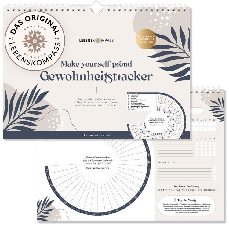 Lebenskompass® Habit Tracker für 12 Monate Gewohnheitstracker als undatierter Wandkalender - Tracke deine Fortschritte - mit inspirierenden Zitaten & Tipps