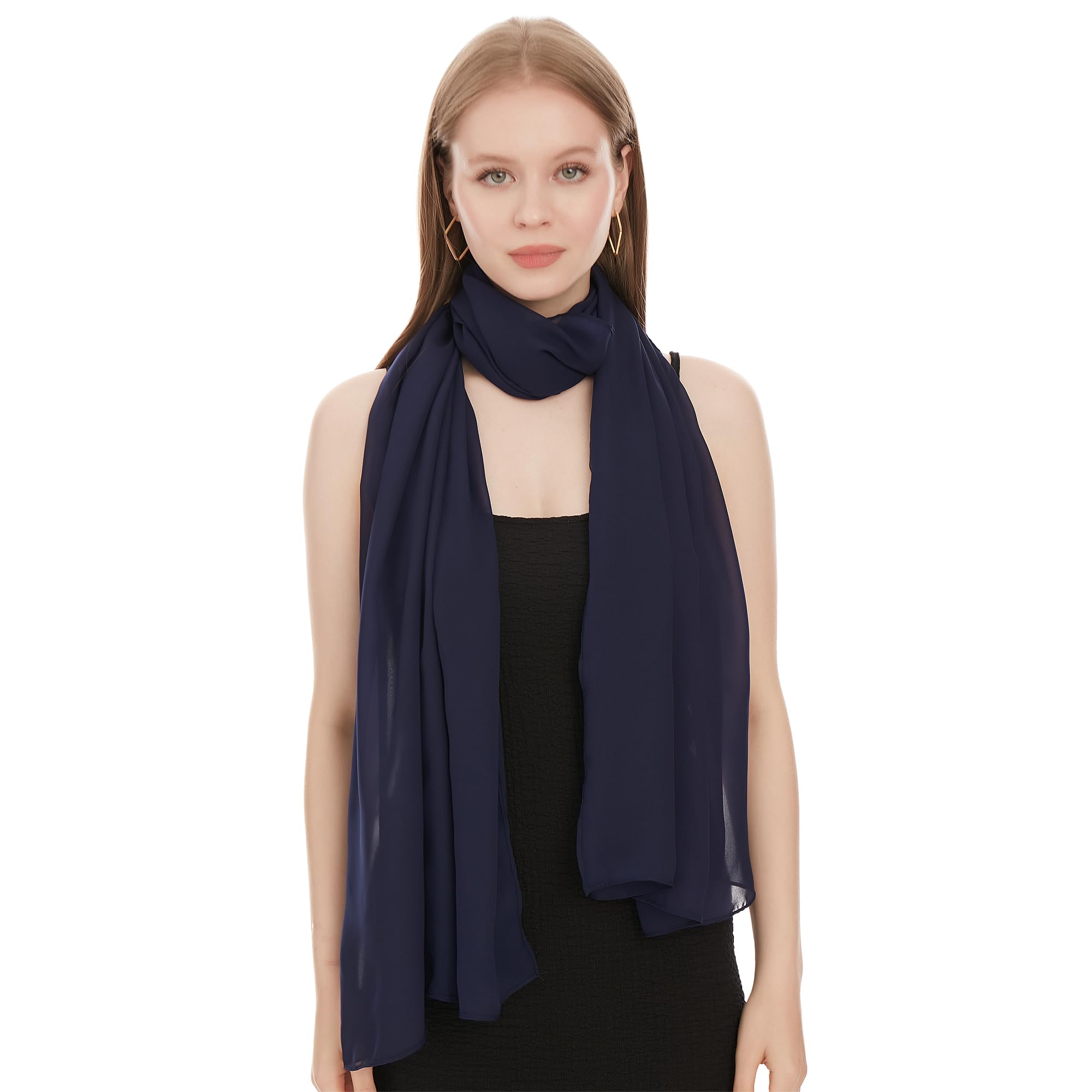 Shawl Factory Navy Blue Chiffon Scarf For Women UK - Ladies Scarfs Lightweight Shawls & Wraps - Ladies Scarves for Wedding, Bridal