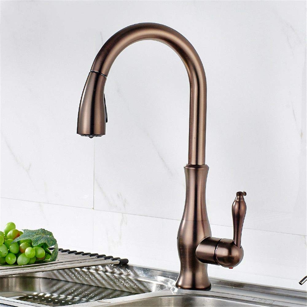 Todo El Grifo De La Cocina De Cobre Rojo Marrón Único Orificio De Caliente Y Frío Del Grifo Del Mezclador Se Puede Girar Y Sacó La Cabeza De Spray De Cocina Grifo Del Fregadero.