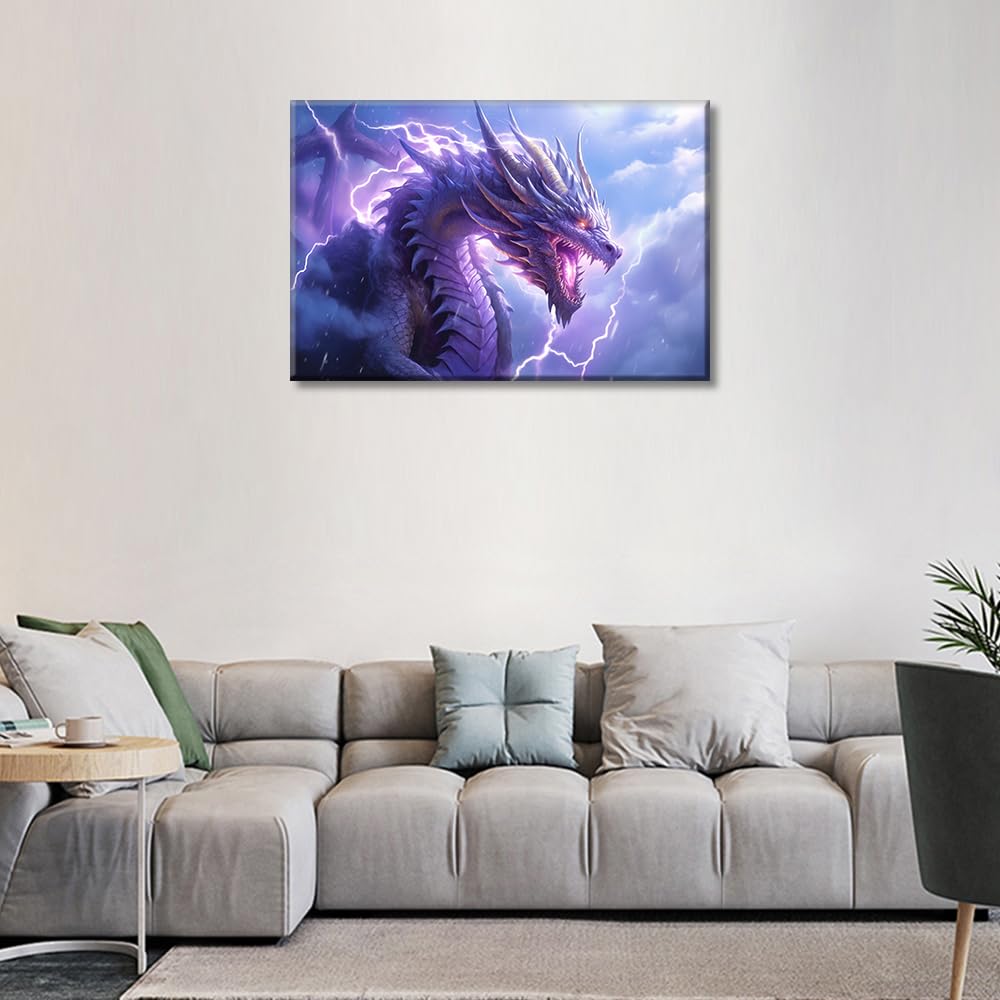TISHIRON 1 Pieces Dragon Wall Art for Living Room Purple Dragon Pictures Posters & Prints Lightning in the Clouds Wall Decor for Bedroom Modern Artwork Stretched Framed Ready to Hang (16" Wx24 H) - Image 4