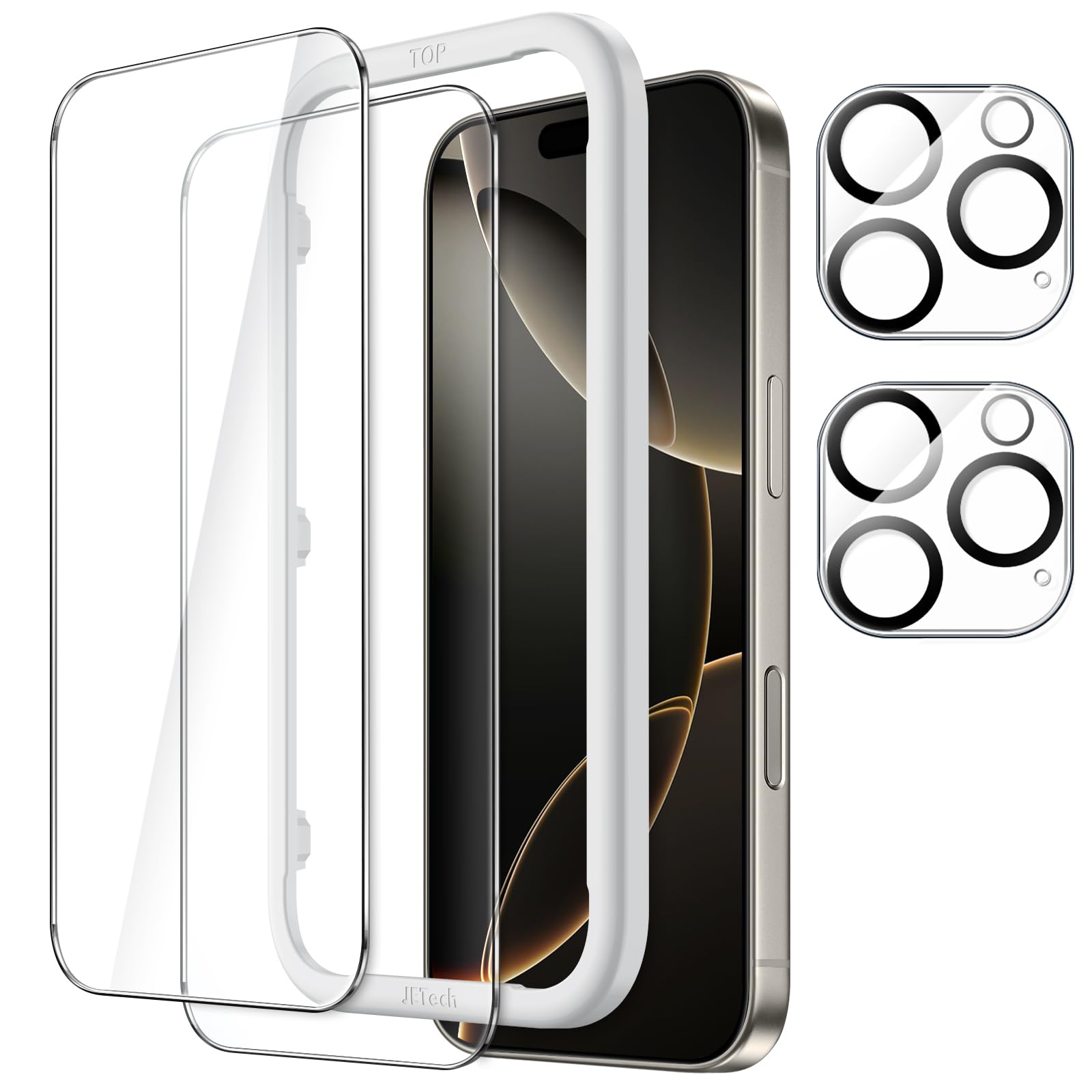 JETech iPhone 16 Pro 6.3 Inch Screen Protector + Camera Lens Film with Guide Border, Tempered Glass, HD Clear, 2 + 2 Pack