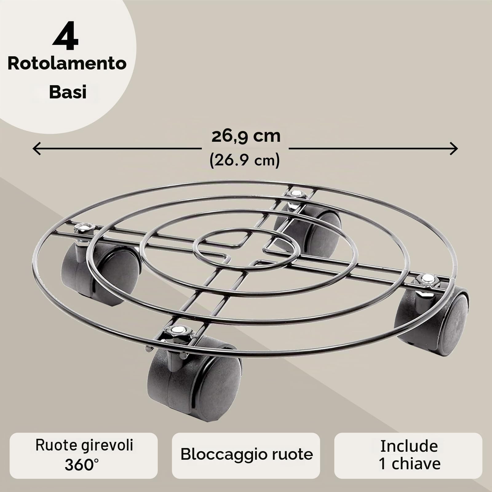 Carrello per Piante in Metallo su Ruote, Confezione da 4 Supporti Mobili per Fioriere per Vasi da Interno ed Esterno, 27 cm Ciascuno