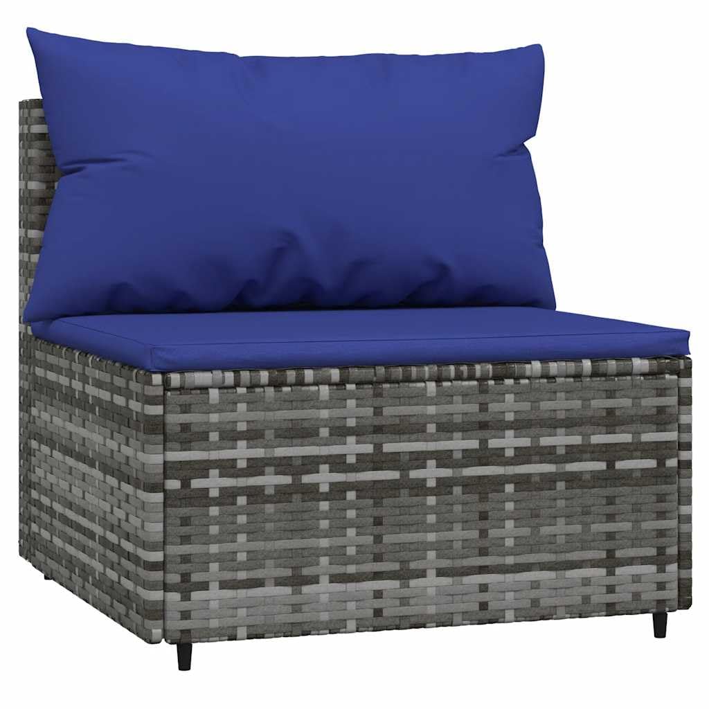 ACAGALA Set di 3 mobili da giardino in polyrattan, con cuscino, 2 parti centrali + tavolo come piano in vetro temperato, set per giardino, terrazza, grigio e blu