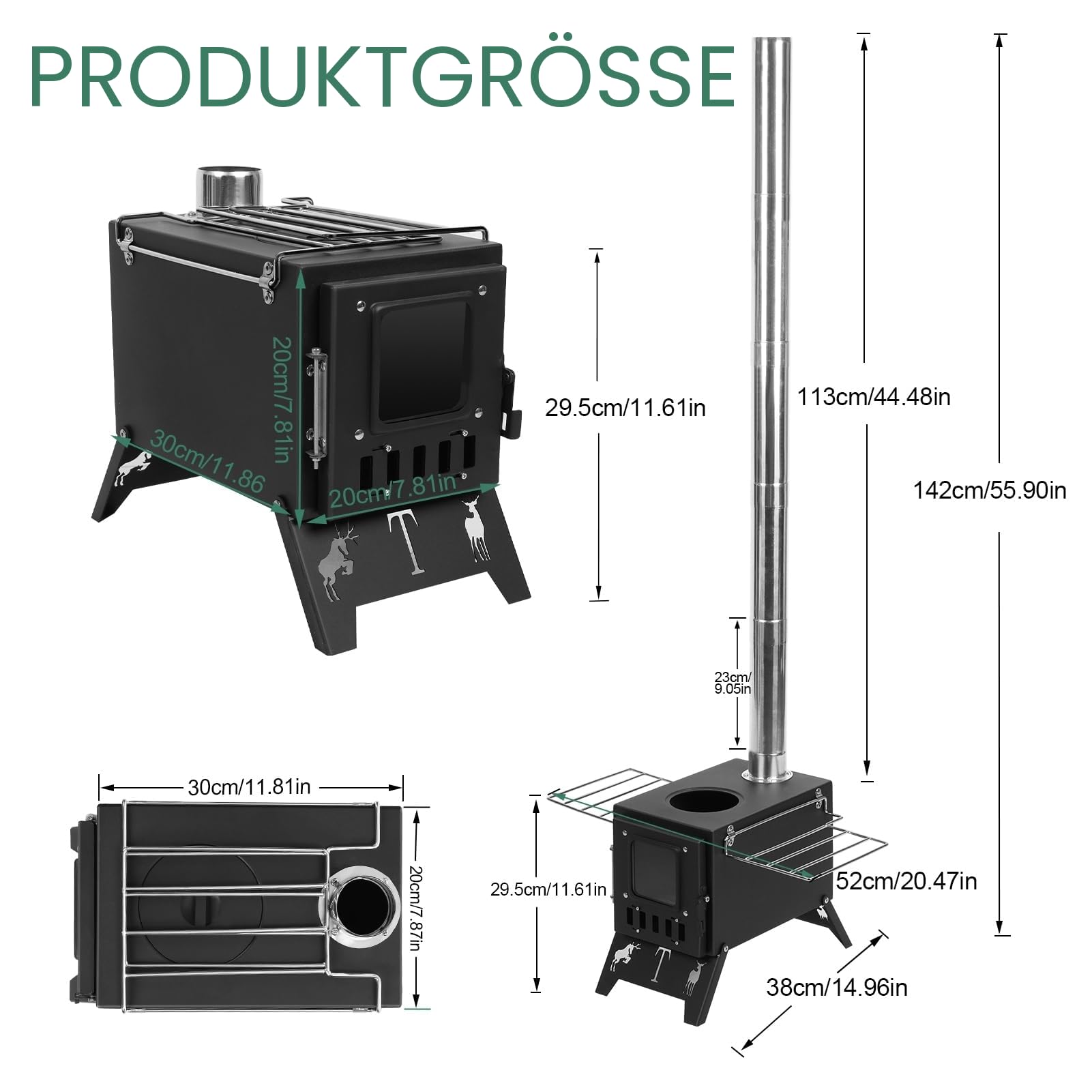 Holzofen, zusammenklappbar, tragbar, für Camping, Heißzelt, mit 5 Kaminrohren für Outdoor, Camping, Kochen, Heizen, Grillen, Wandern, Angeln, Jagd, Schwarz