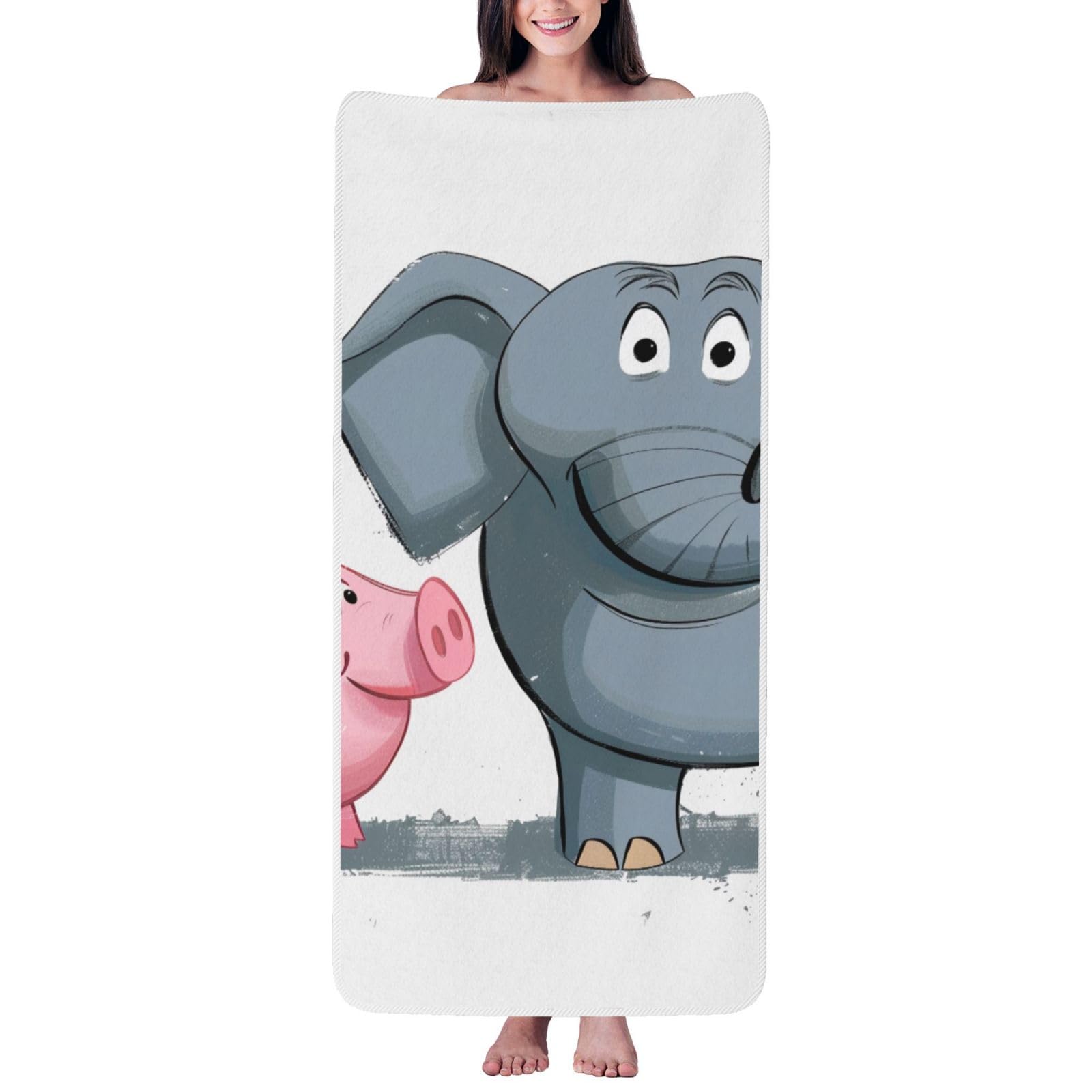WPKJU Elephant and Piggie Printed Bath Towel with White Edging - 27x55 in Soft Extra Absorbent Coral Velvet Shower Towels for Bathroom