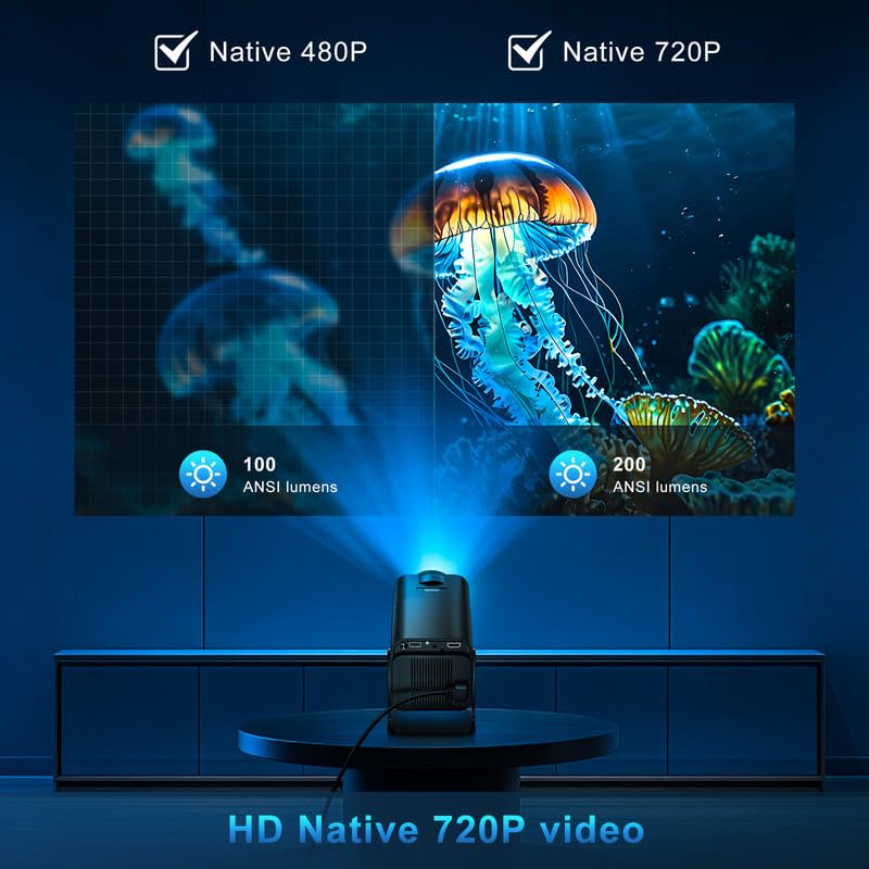 Mini Beamer Unterstützt 4K 1080P, Projektor Tragbarer mit WiFi 6 und Bluetooth 5.4 Beamer Klein 270° Drehen Auto Keystone Android 13.0 Kompatibel mit HDMI/TV Stick/Laptop/Memory Stick