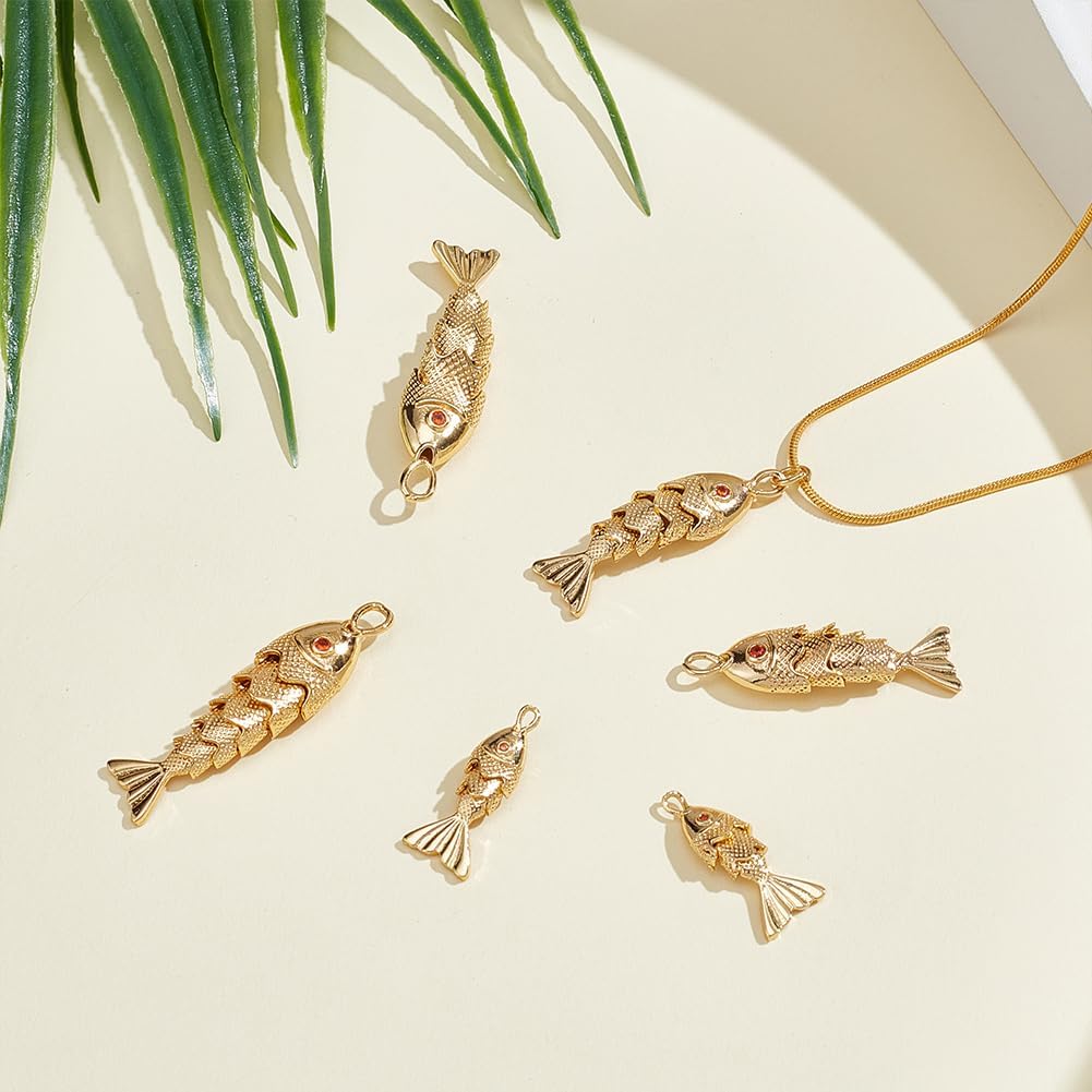 PLIGREAT 6 Pcs Gold Plated Fish Charm, 3D Articulated Fishes Charm Lucky Fish Pendant Brass Sea Animal Fishes Shaped Pendants for DIY Earring Necklace Bracelet Jewelry Making, 3 Sizes - Image 2
