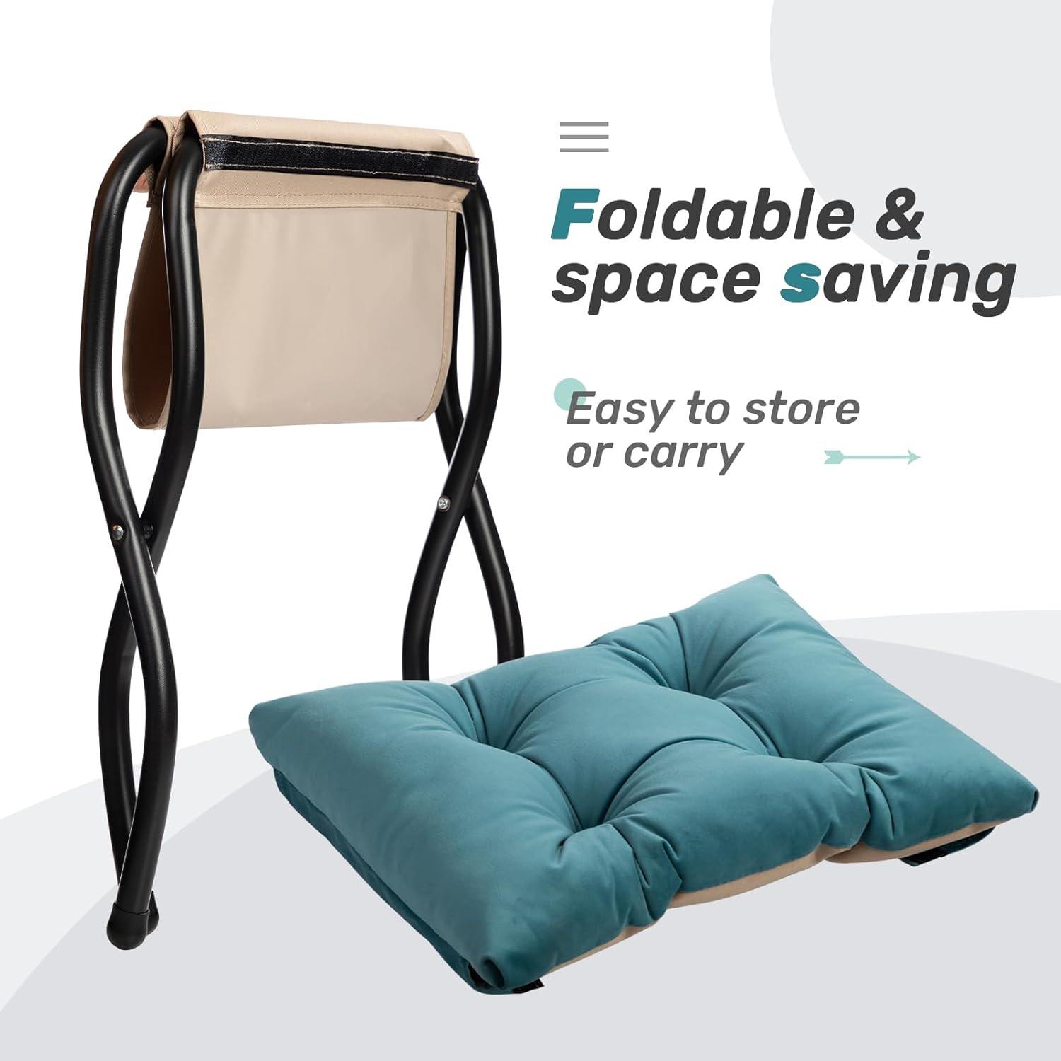 AbocoFur 15"(H) Folding Footrest Stool, Accent Padded Sofa Foot Stool for Lazy Chair, Upholstered Small Foldable Ottoman, Metal Frame Portable Foot Rest Ottoman for Living Room, Bedroom, Lake Blue