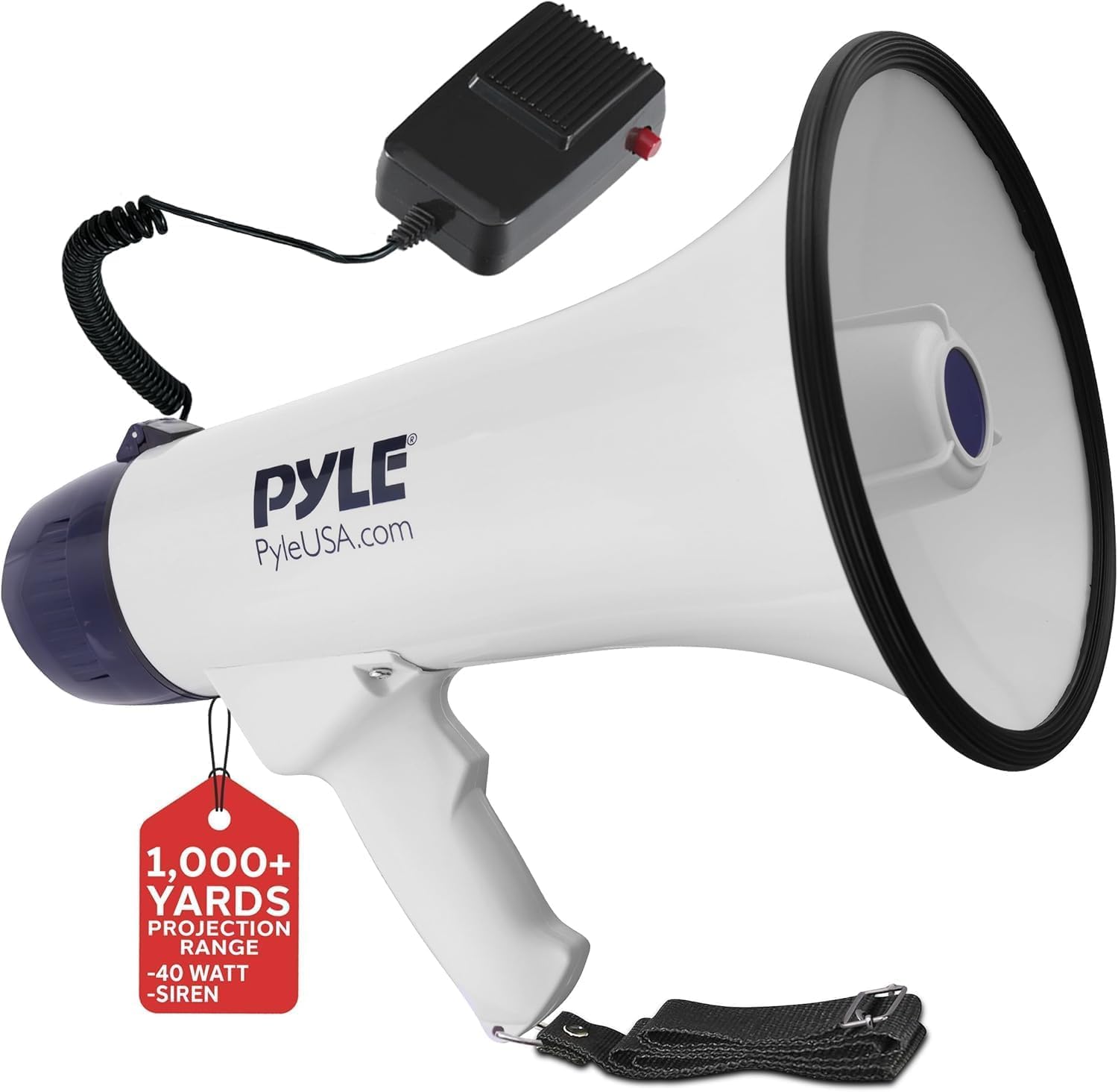 Pyle Bullhorn Megaphone Speaker, 1,000 Yard Range with Rechargeable Built-in Battery, 10 Second Memory Record, Detachable Handheld Mic, Siren Mode, Portable and Lightweight for Indoor/Outdoor Use
