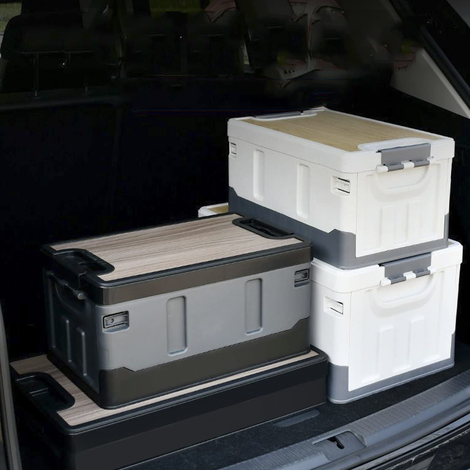 Campingbox Aufbewahrungsbox mit Deckel, 60L große Auto Faltbox Camping Zubehör Kofferraum Organizer, Multifunktionaler Organizer für Reisen im Freien, Camping, Familie,Beige
