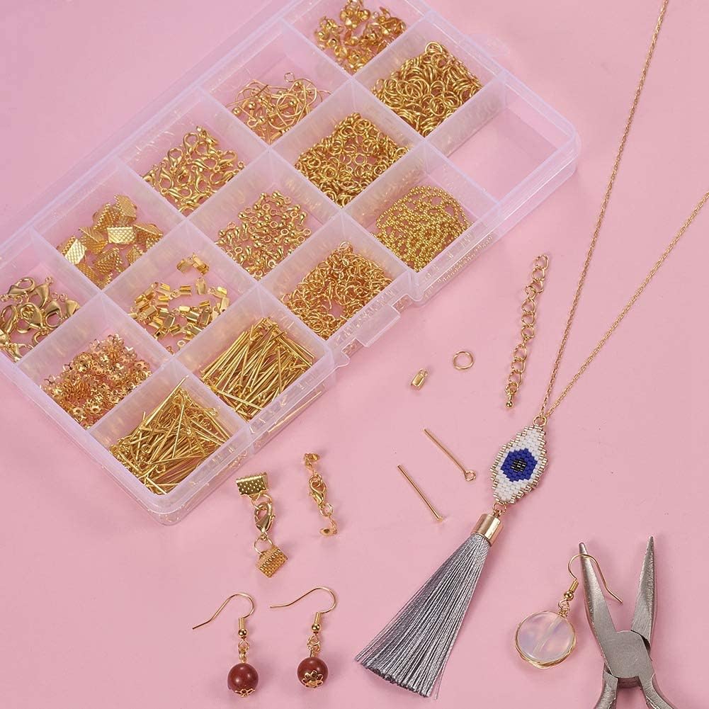 JAUNTY Golden Plated Jewellery Finding Material Mix Box, Eyepins, Headpins, Ear Hooks, Bead Caps, Jumprings, Clasps Chains and Cord End for Jewellery Making and Crafts Work 4