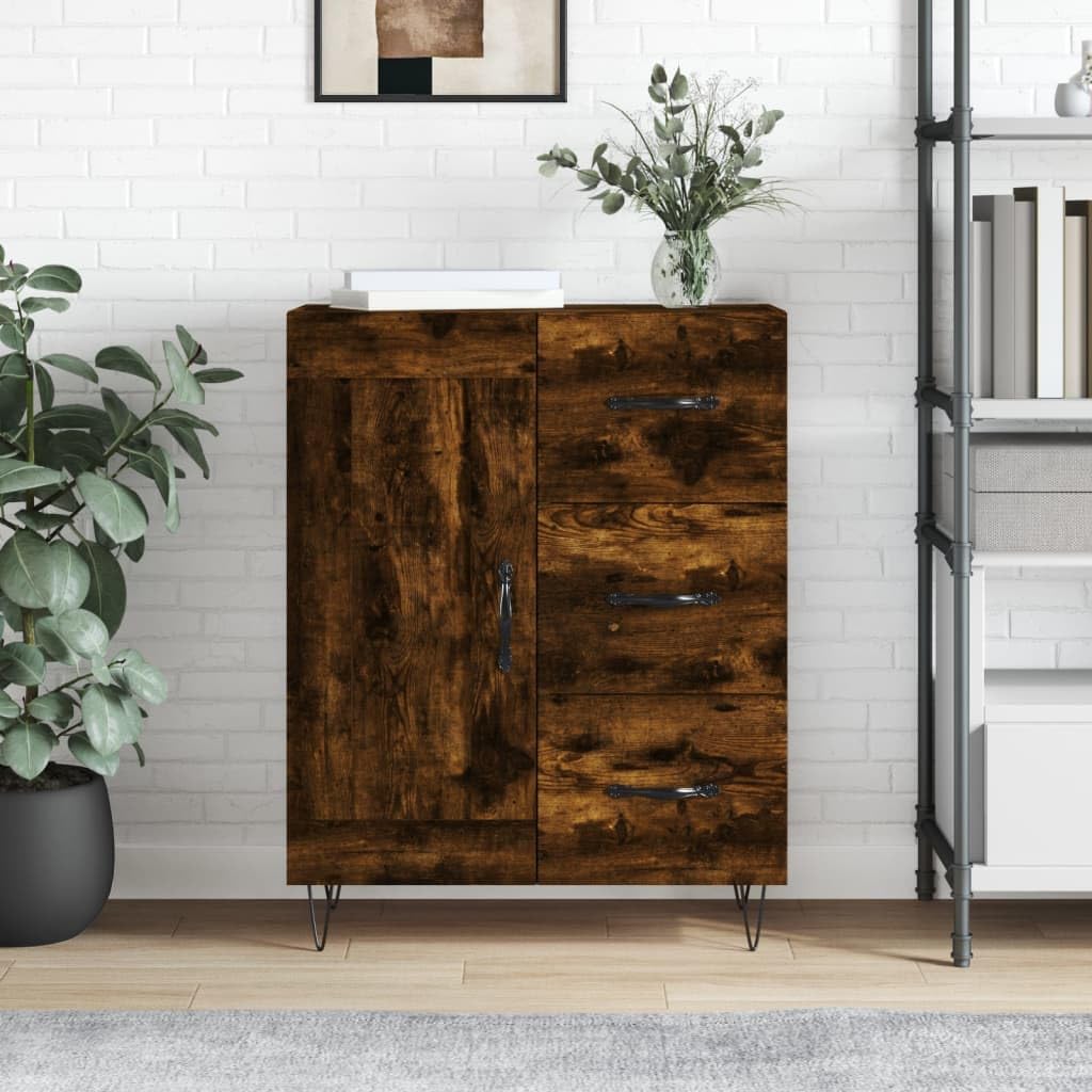 Szafka przydymiony dąb 69,5x34x90 cm materiał drewnopochodny z dużą przestrzenią do przechowywania do salonu i przedpokoju meble nowoczesne z metalowymi nogami
