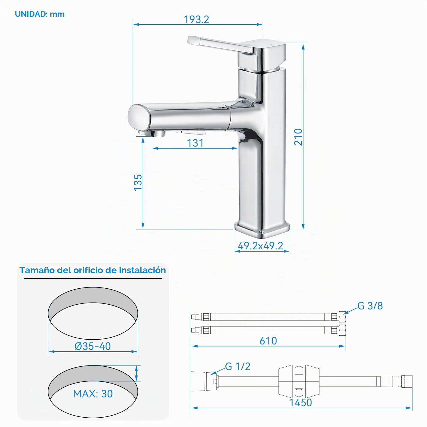 Grifo Lavabo Extraible en 2 Modos, Grifo Baño Cromado Mezclador Monomando Extensible para Hogar y Comercial, Acero Inoxidable, Diseño Moderno