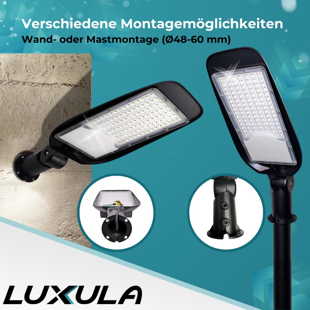 LUXULA LED Straßenlaterne 50W 2 Stück, 5800 Lumen, 5000K Neutralweiß, IP65 Wasserdicht, Mastleuchte, Straßenlampe, Aussenleuchte, Wegeleuchte für Hof, Parkplatz, Einfahrt und Gartenwege