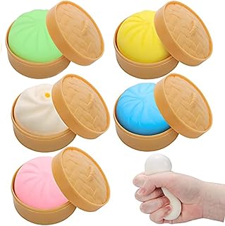 5Pcs Dumpling Squishy Stress Balls, UHOMENY 4Pcs Colorful Fidget Sensory Stress Ball and 1Pcs Custard Bun Toy Dough Ball Squishy Stress Relief Bun Anti Stress Squeeze Balls with Food Steamer