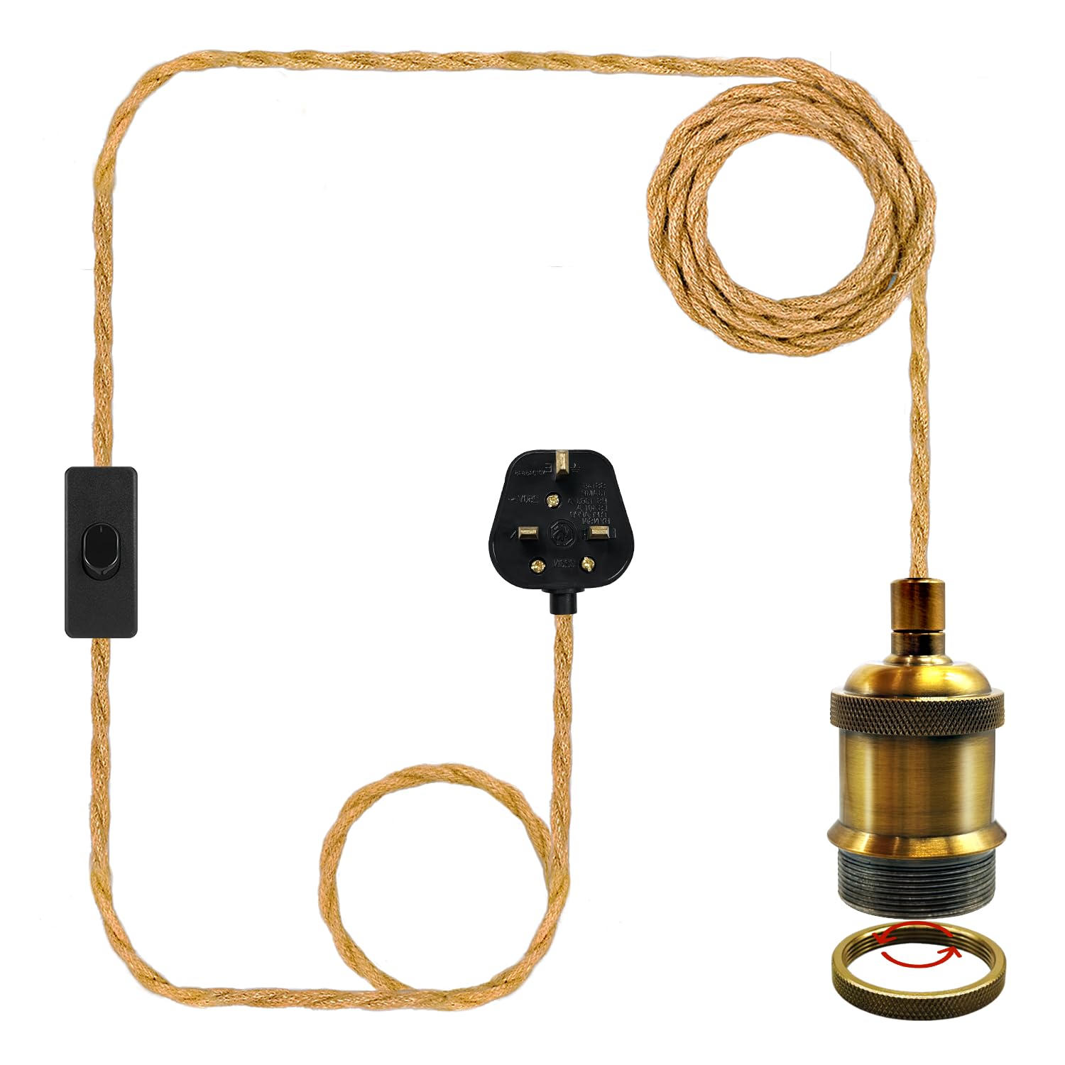 LAKONEI 510cm Plug in Hemp Rope Pendant Light, Antique Bronze E27 E26 Metal Lamp Holder with UK in Line Switch, Vintage Hanging Ceiling Light Kit for DIY Home Decor (Bulb Not Included)