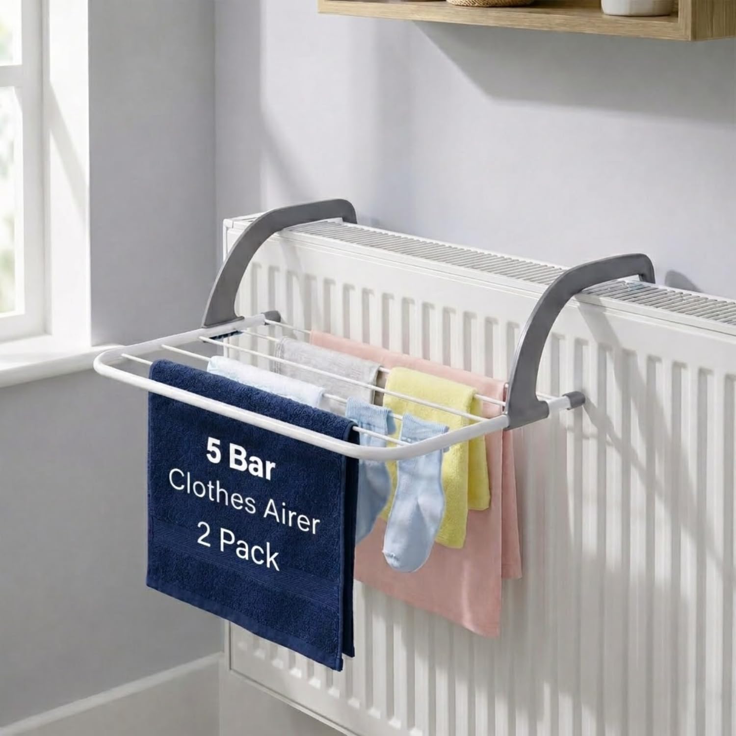 HomlyPro Pack Of 2 Radiator Clothes Airer 5 Bar Folding Drying Rack with Adjustable Arms, Space Saving Steel Laundry Dryer for Towels & Garments, Over Door Bath Towel Rail Indoor Hanging Solution