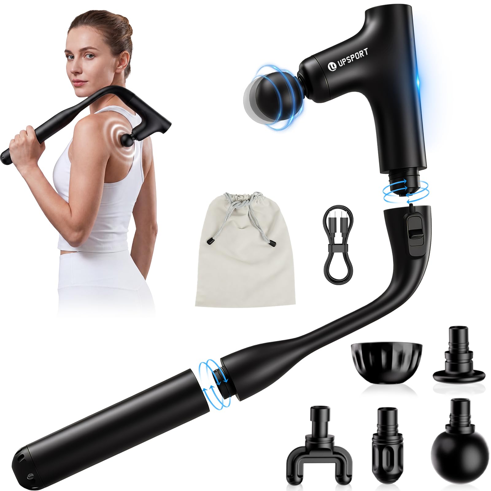 Pistolet de Massage Dos avec Poignée Extensible, 50cm Percussion Turbo Massage Tissus Profonds pour Auto-Massage, Force 7kg Masseur Portable Électrique pour Récupération Musculaire, 4 Têtes