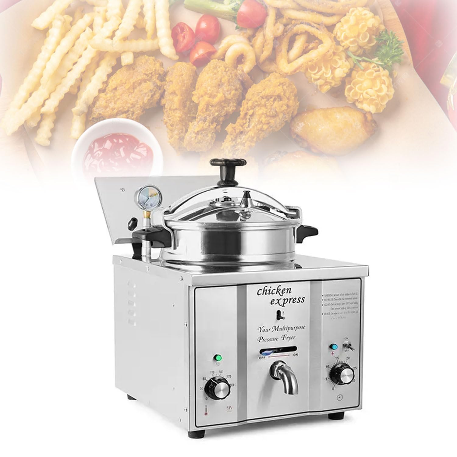 IUokLU Commercial Electric Fryer,16L 3000W Stainless Steel Pressure Fried Chicken Pot,with 50-200℃ Adjustment,30 Minutes Timer,Fried Chicken Stove for French Fries