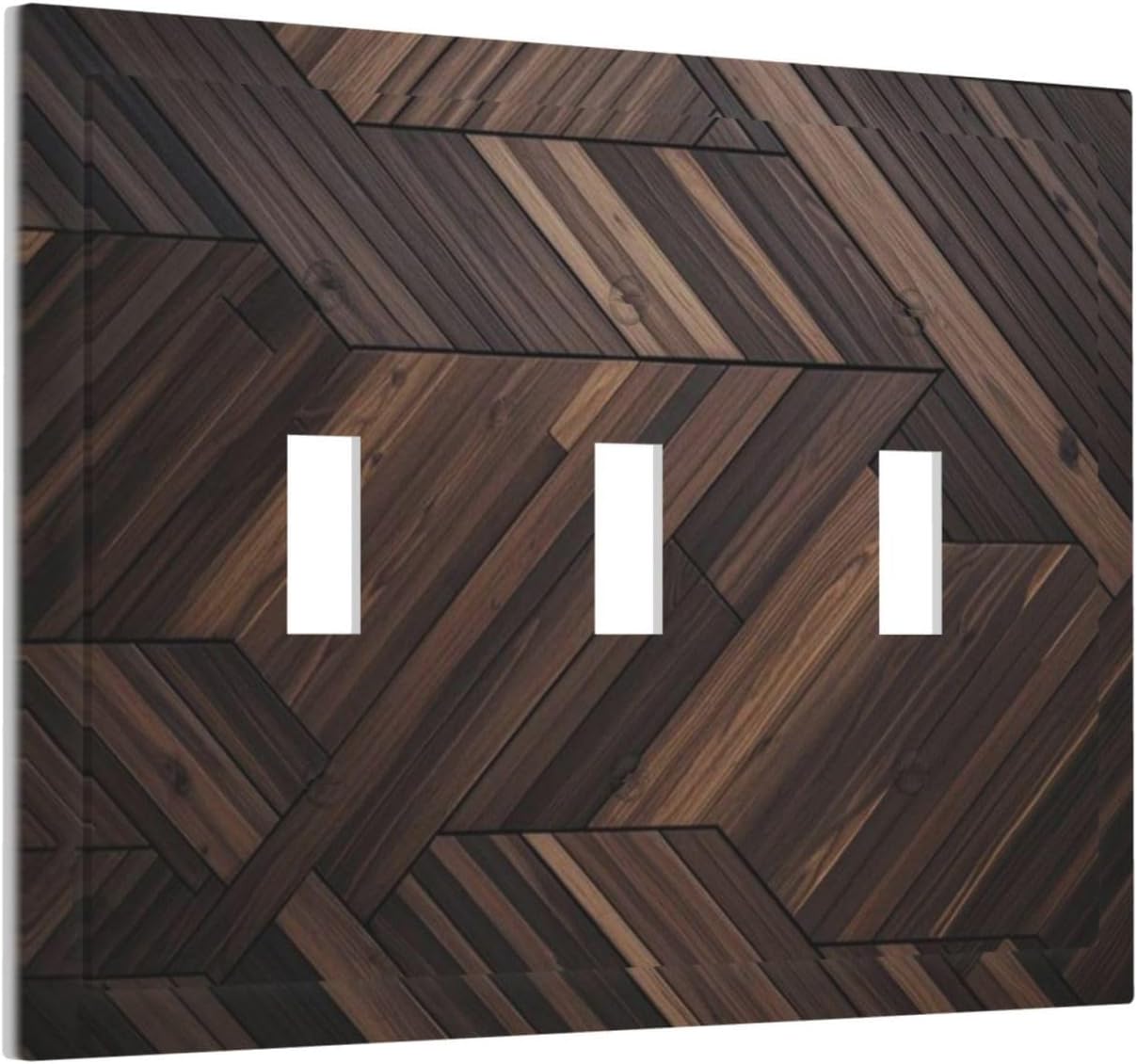Decorative Light Switch Cover Plate Modern Brown Herringbone Geometric Woodgrain 3 Gang Wall Plate Oversized Triple Toggle Switch Cover Plate Jumbo Electrical Face Plate for Wall Switch Decor