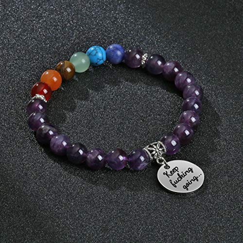 Top Plaza Amethyst Healing Crystal Stone Bead Bracelet 7 Chakra Reiki Yoga Gemstone Beaded Bracelets Inspirational Message Charm Bracelet For Women Men #TOP2