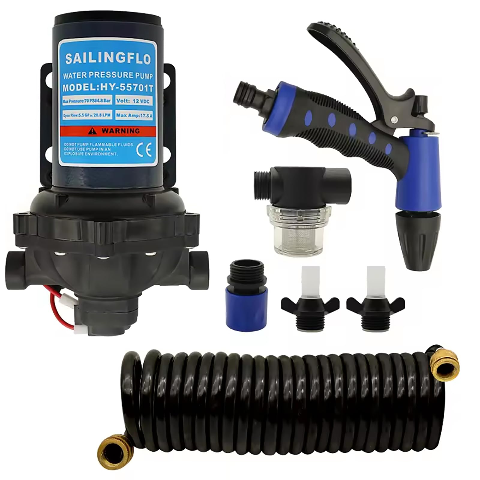 Washdown Kit Deck Wash Pump - 5.5 GPM, 70 PSI, 12V, Self-priming On-Demand Water Pressure Pump for Marine, RV, Boat, Yacht, Car, Mini Motor (HY-55701t-Kit)