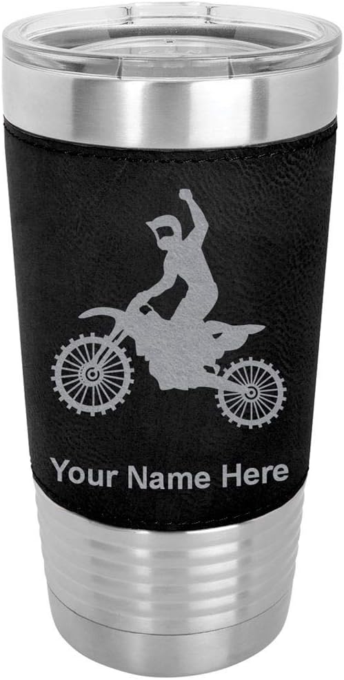 LaserGram 20oz Vacuum Insulated Tumbler Mug, Motocross, Personalized Engraving Included (Faux Leather, Black)