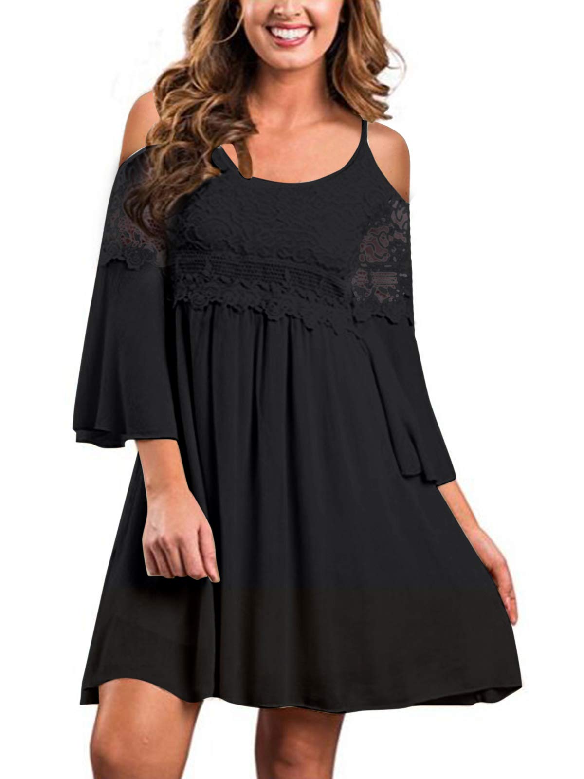 ZANZEA Women's Vintage Floral Lace V Neck 3/4 Bell Sleeve Cocktail Wedding Party A-line Swing Casual Mini Dress