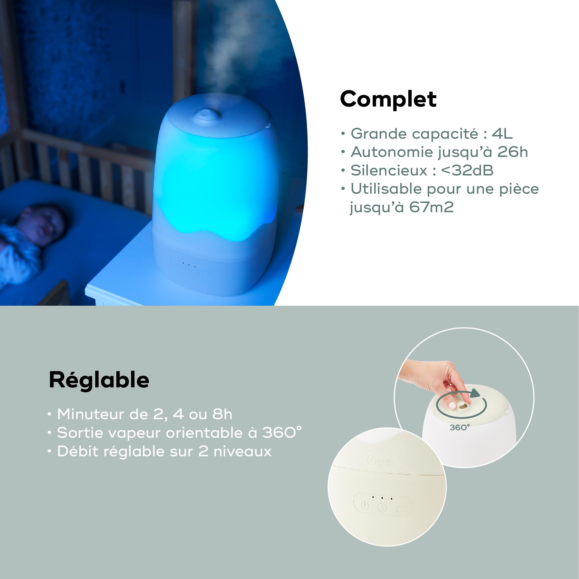 Babymoov Humidificateur d'air Wave - Vapeur Froide - Longue Autonomie Jusqu'à 26h (4L) - Minuterie 2, 4, 8h - Arrêt Auto Buse 360°- Simple d'Utilisation - Veilleuse Multicolore - Silencieux