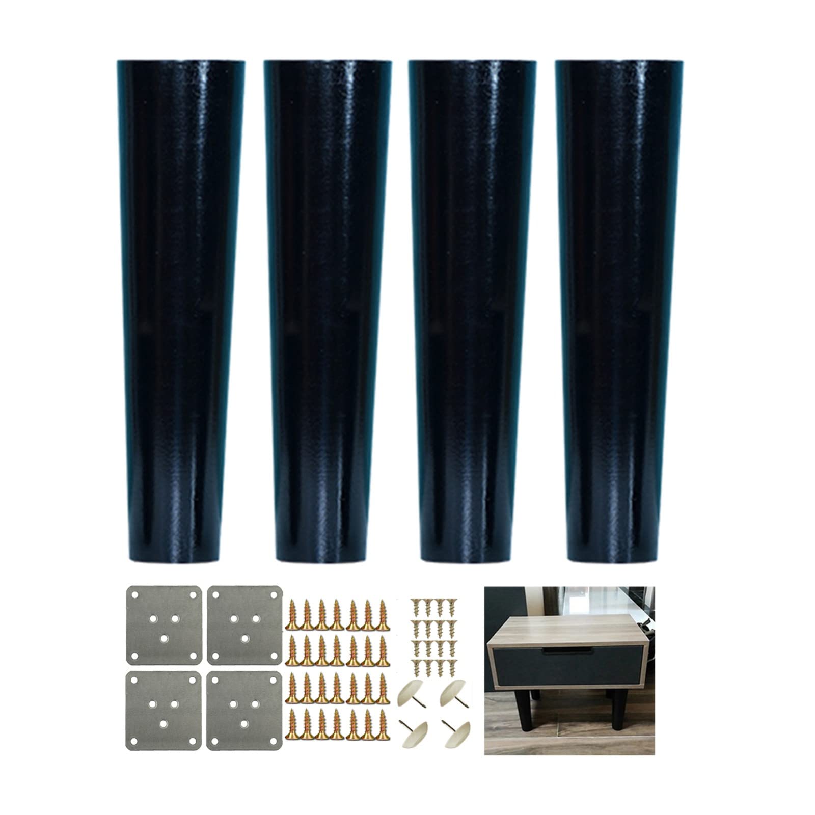 Juego de 4 Patas de sofá cónicas de Madera Maciza, Patas Modernas de Repuesto de Madera Negra, con Placas de Montaje, Almohadillas Protectoras de Fieltro, Tornillos, para gabinete de sofá de