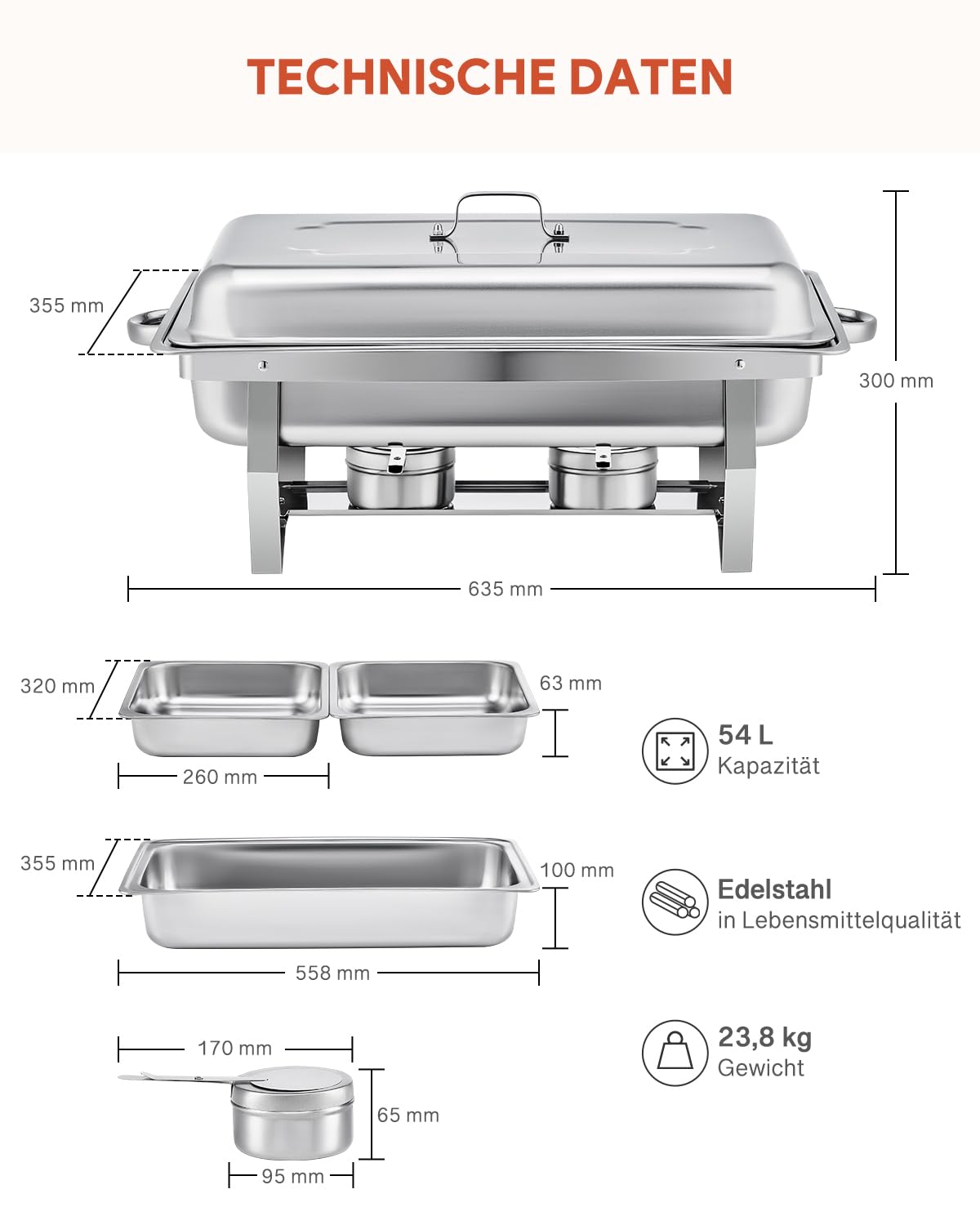 Wilprep Chafing Dish Edelstahl 9L 1/2+1/2 GN-Behälter Buffet-Set Warmhaltebehälter 6 Sets Speisenwärmer Wärmebehälter Rechaud für Catering, Buffet und Party