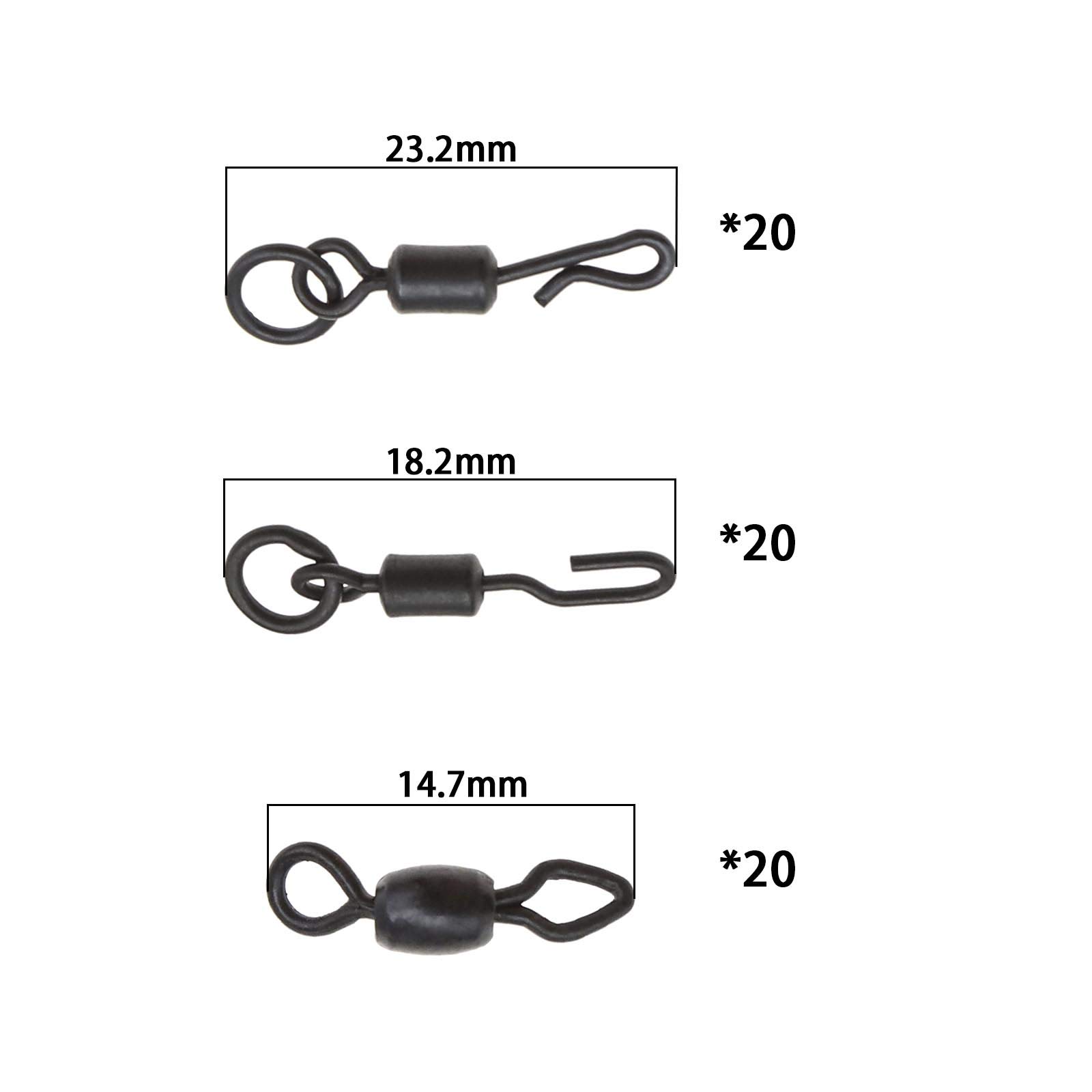 Lot De 60 émerillons Pour Pêche à La Carpe - 3 Types (anneau, Roulant, En Q) - Revêtement Noir Anti-éblouissement