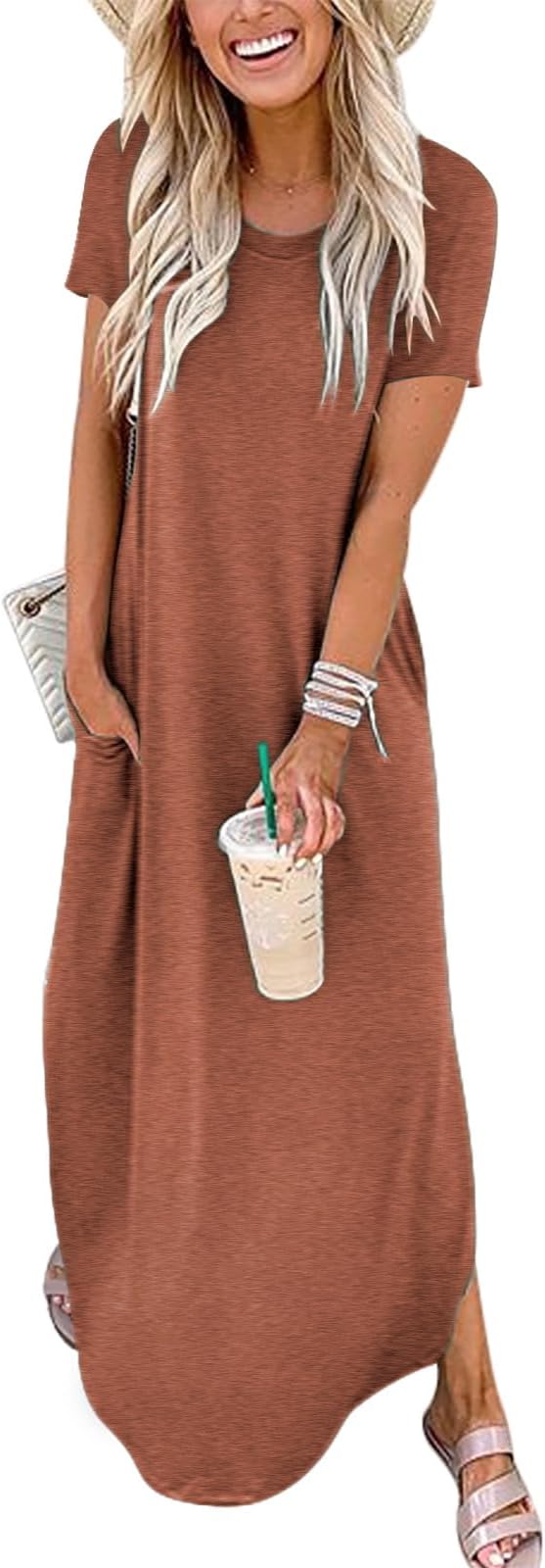 Womens Summer Maxi Dress Short Sleeve Casual Sundress with Pockets