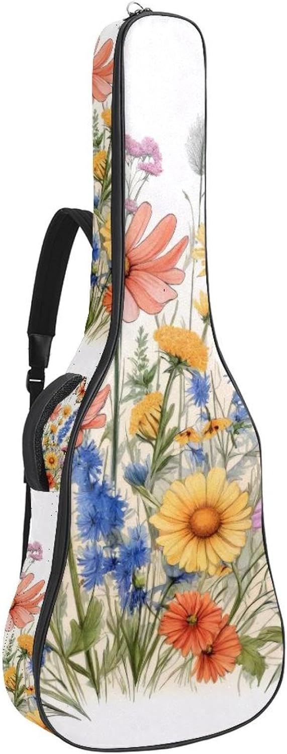 Wildflowers and Butterflies Floral Pattern Acoustic Guitar Gig Bag, 1 cm Thick Padding Waterproof Guitar Bag Backpack for 40 41 42 Inch Electric Bass Classical Guitars