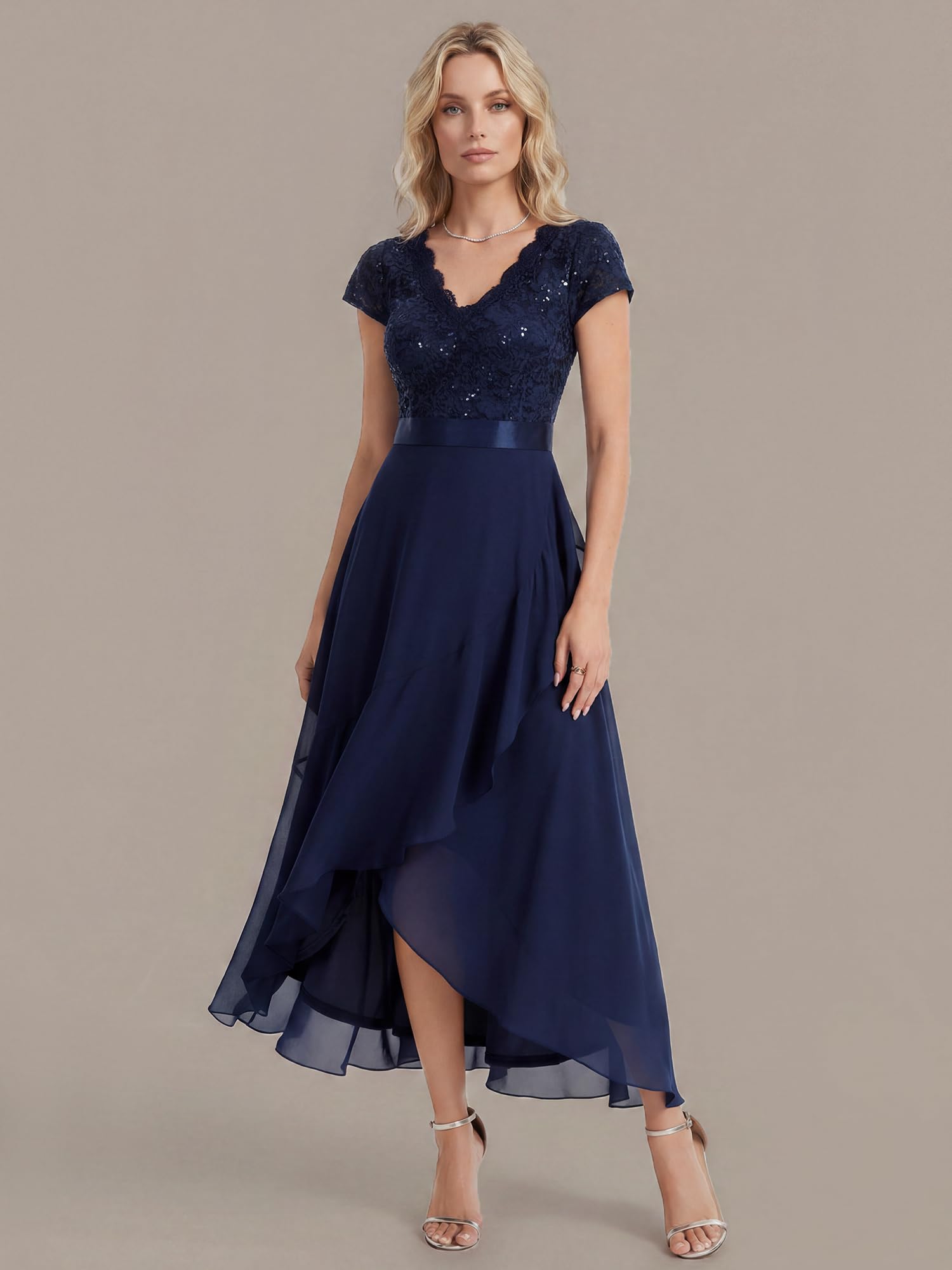 Ever-Pretty Abendkleider Lang Spitzen High Low Cocktailkleid Midi Chiffon Festliche Für Hochzeit EE02644