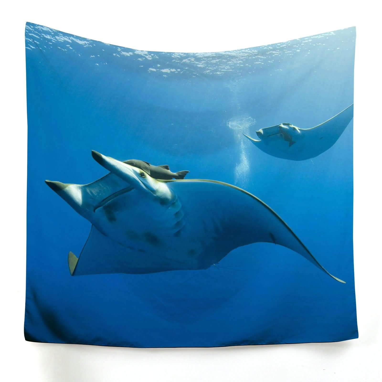 Tapisserie murale pour habiller un grand mur vide motif poisson bleu océan 150x150cm