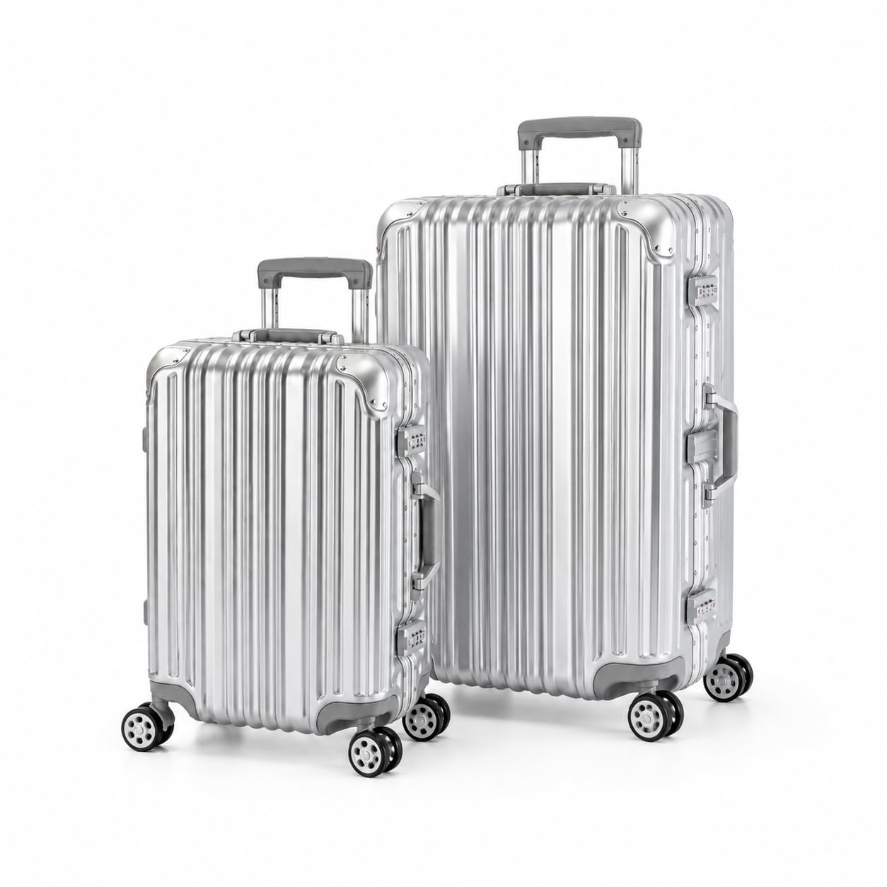 Travelhouse London Kofferset Silber S-55cm, L-75cm · Aluminium-Rahmen · Polykarbonat Hartschale · Handgepäckkoffer +Reisekoffer · Vol. S-44L · L-108L 4X Silent Move Doppelrollen 2X TSA Schloss