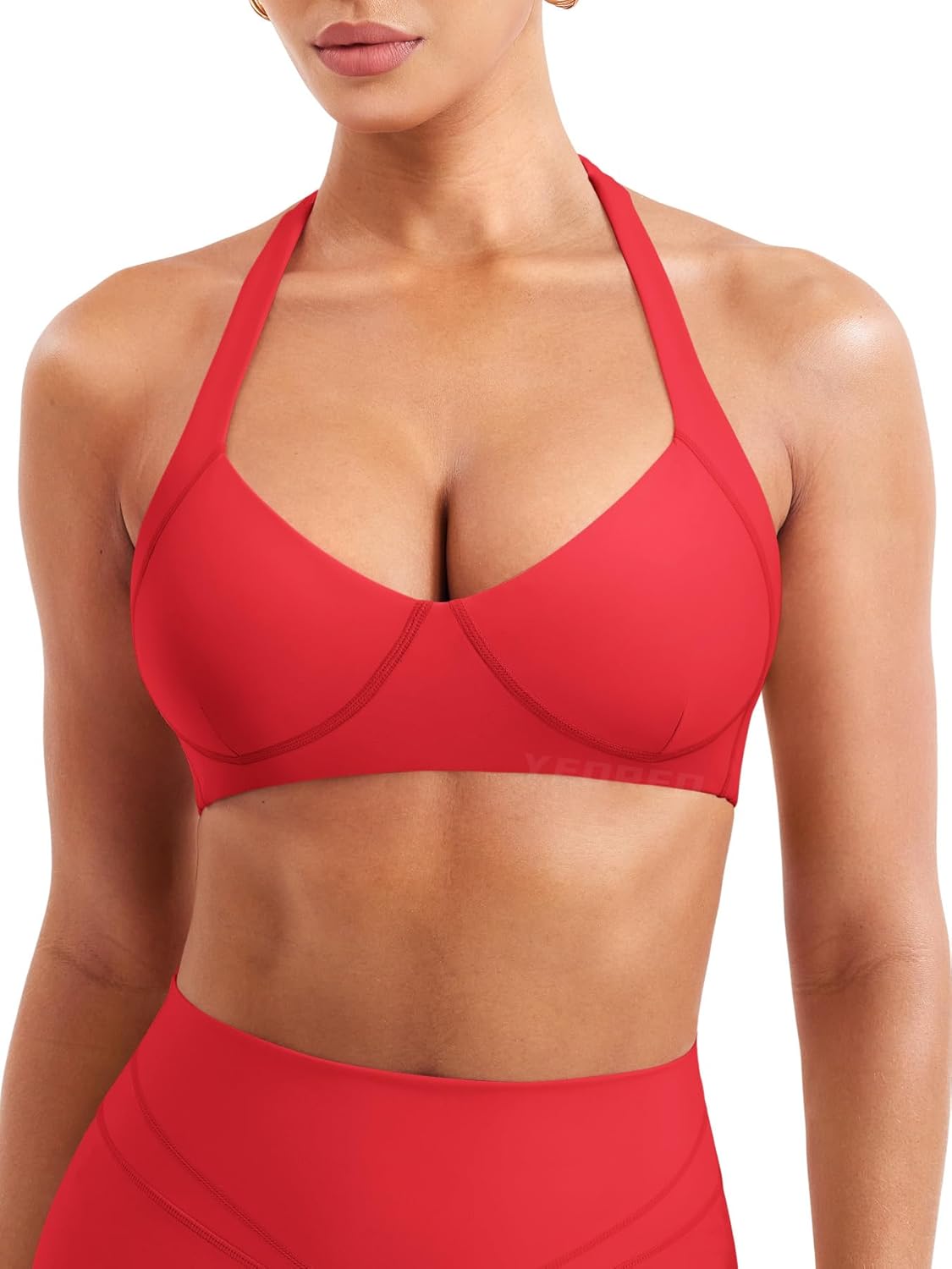 YEOREO Women Halter Sports Bra Light Support V Neck Padded Strappy Open Back Workout Gym Tops - Image 2