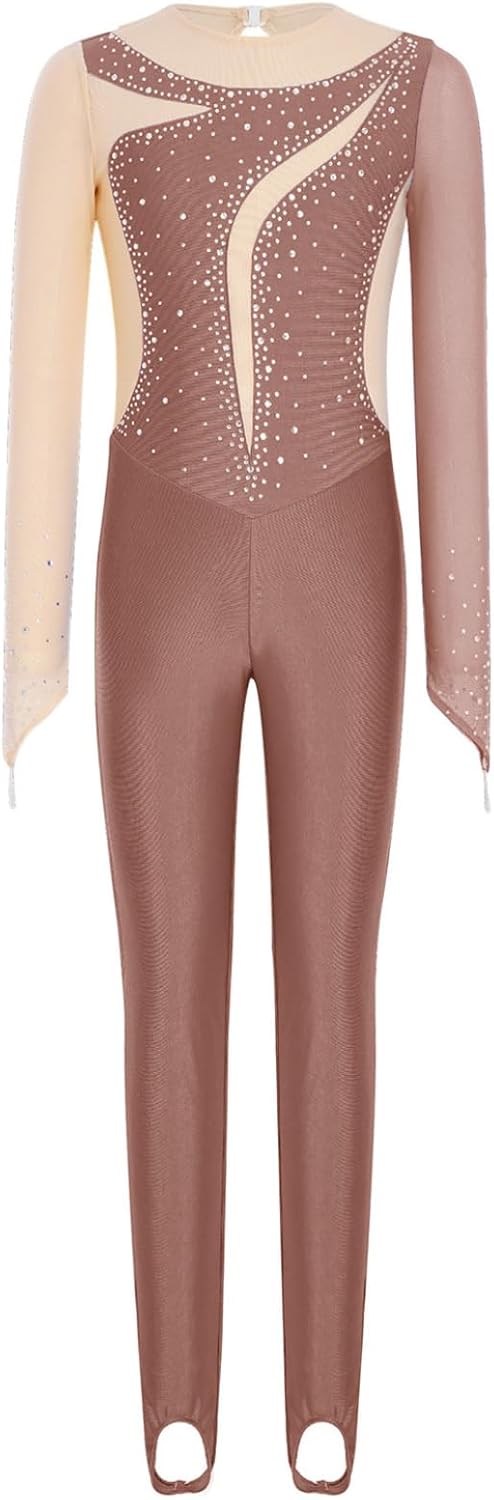 Youth Girls Yoga Unitard Workout Full Length Leotard Rhinestones Gymnastics Bodysuit Color Block Dance Jumpsuit