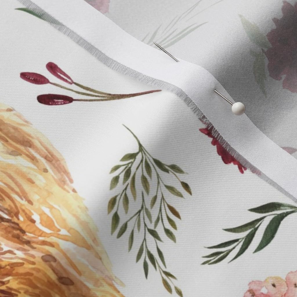 Spoonflower Fabric - Maroon Floral Highland Cow Pink Cows Scottish Printed on Organic Cotton Sateen Fabric by The Yard - Sewing Quilting Apparel Home Decor