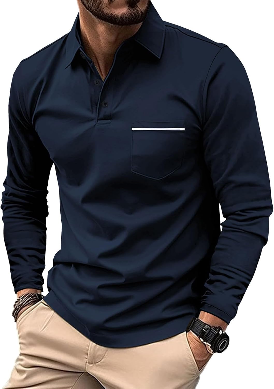 Ymosrh Men's Business Polo Shirts, Long Sleeve Stretch Casual Work Collar Shirts, M-3XL