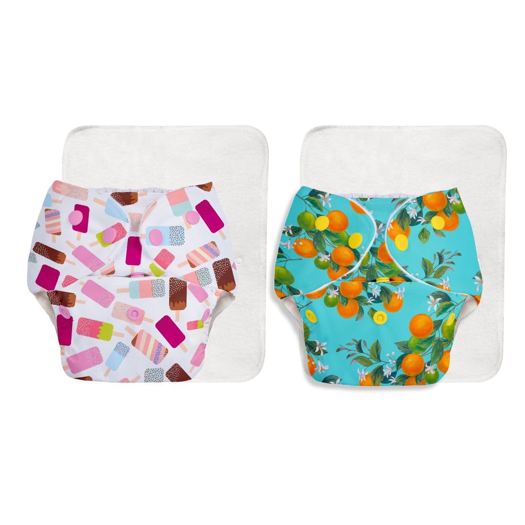 SuperBottoms BASIC EASY - Pack of 2 | 2 Cloth diaper+2 inserts- Freesize Adjustable, Washable and Reusable Cloth Diaper for babies 0-3 Years | - Assorted 2