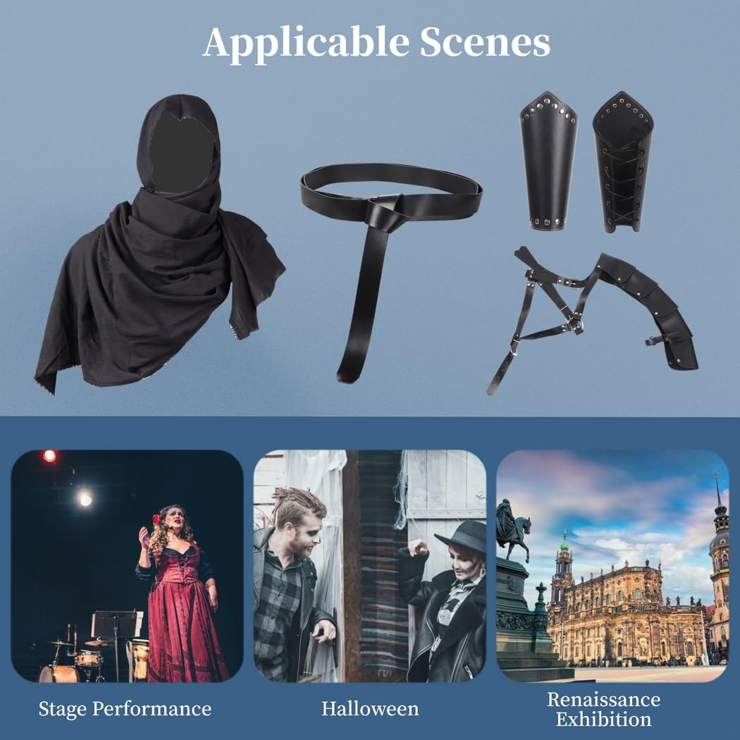 5 pezzi Black Knight medievale Cosplay Outfit per uomo, cintura rinascimentale in pelle, mantello a mezza spalla, bretelle con fibbia, armatura per spalle steampunk per eventi, nero, taglia unica