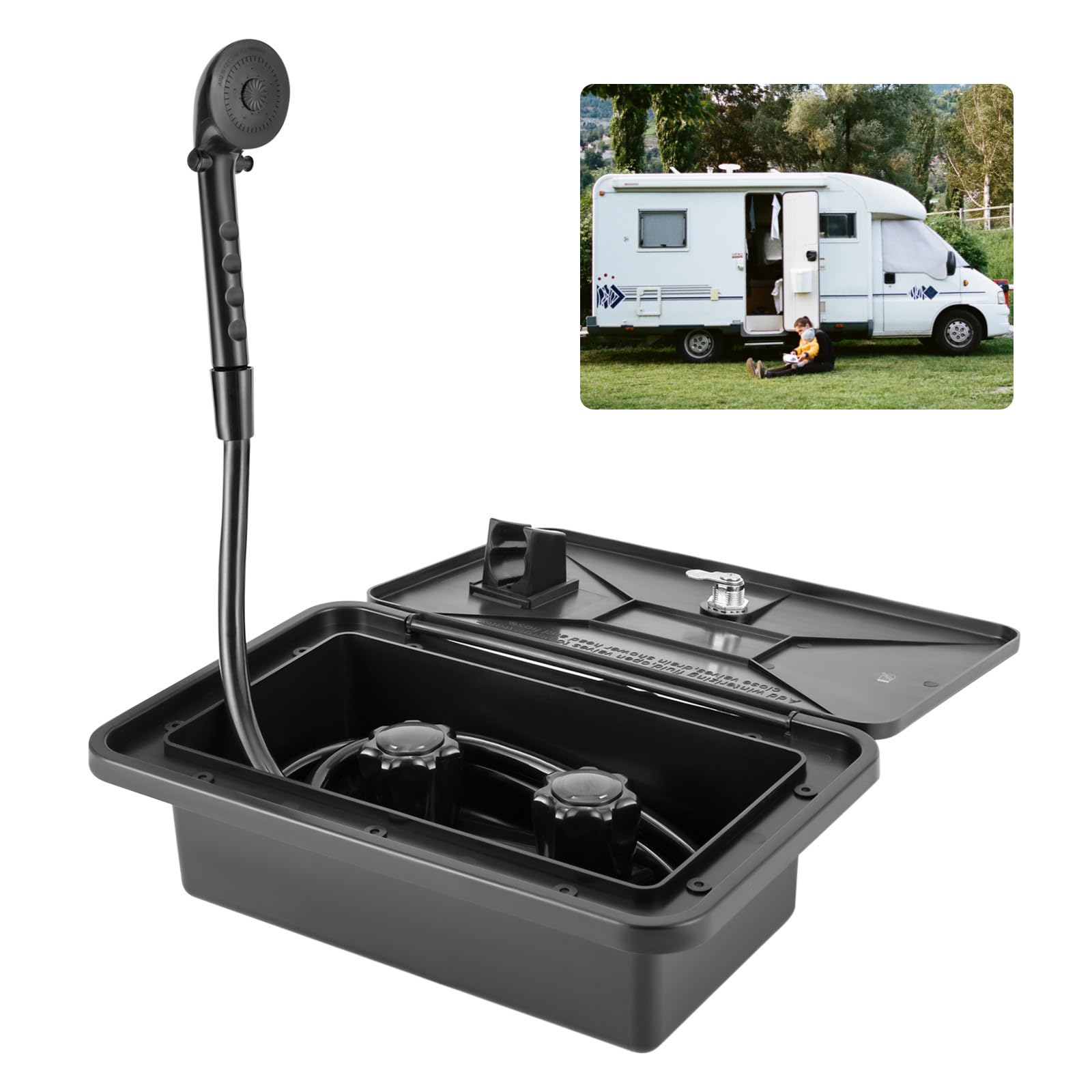 RV - Caja de ducha exterior con interruptor de frío/calor, cabezal de ducha, manguera, caja de ducha para barcos, caravanas, caravanas, autocaravanas