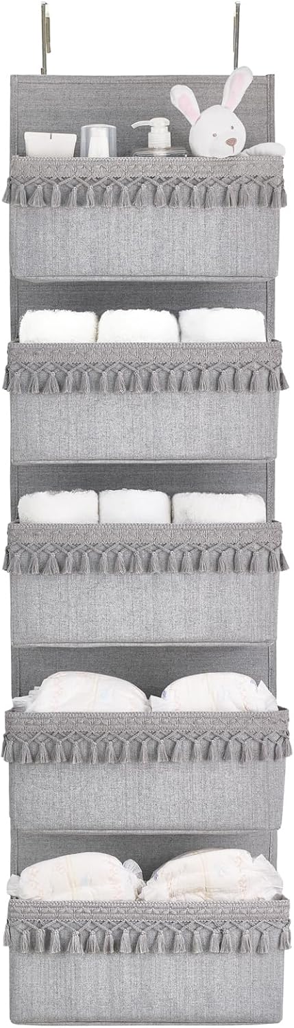 Dahey Over The Door Organizer Boho Nursery Storage Decor Closet Hanging Organizer with Tassels Decoration for Bedroom Nursery Bathroom Apartments Dorm Pantry, 5 Pockets, Grey Large Grey