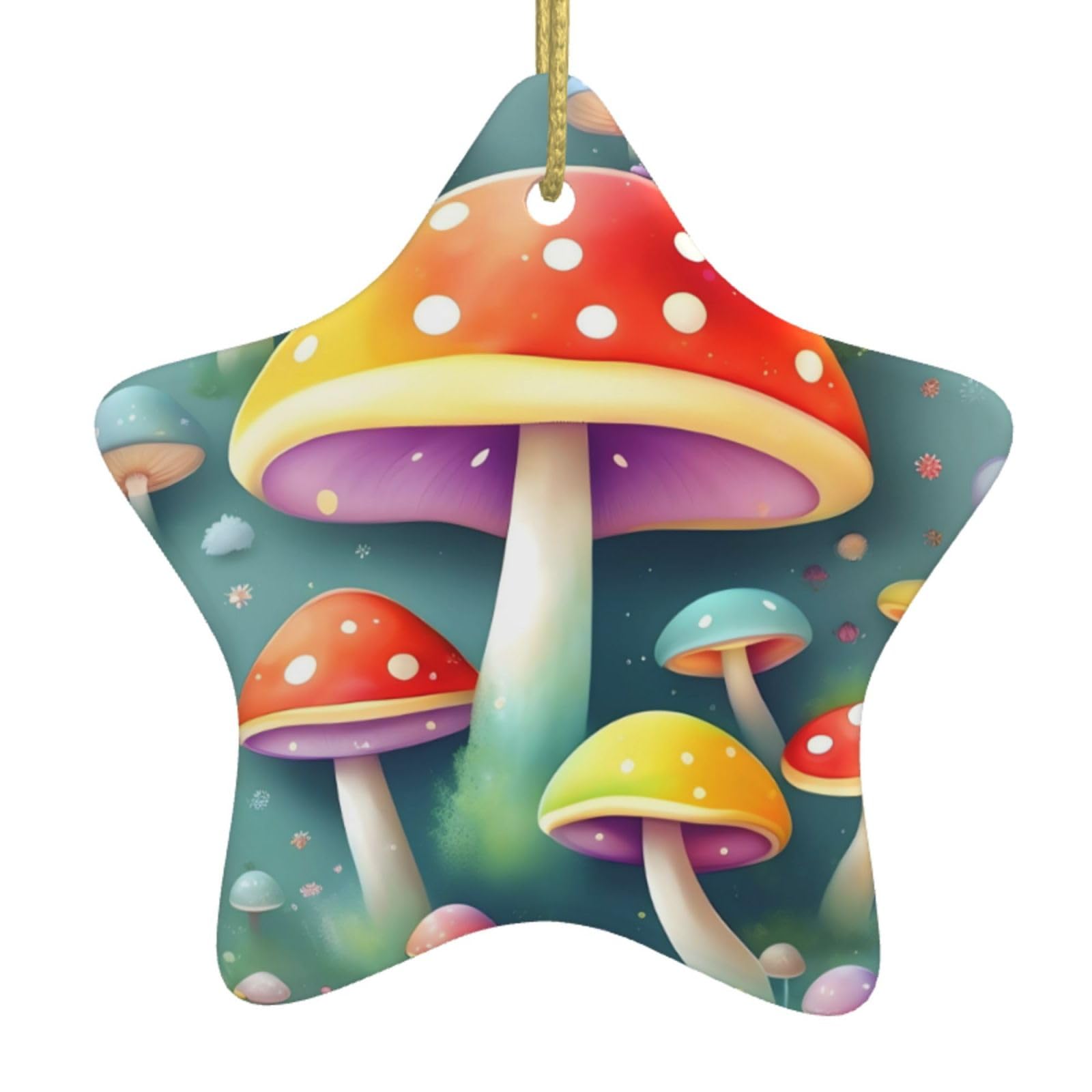 Cute Colored Mushrooms Christmas Ceramic Star Pendant with Punched Holes and Gold Wire Rope, Christmas Tree Home Decoration